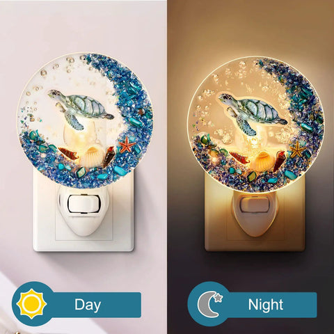 Seashell Night Light Plug In Ocean Vibe Decor With Sea Turtle Ornament showing day and night illumination.