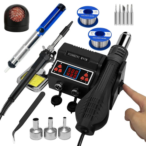 Soldering Station Kit With 8118 Hot Air Gun 2 Rolls Solder Wire 5 Tips Stand Desoldering Pump And Curved Tweezers for electronics