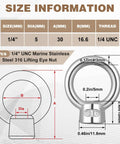 Diagram showing size details of 30 Pack Lifting Eye Nuts 1 4 Inch UNC Marine Grade Stainless Steel 316L Ring Shaped Eye Bolts