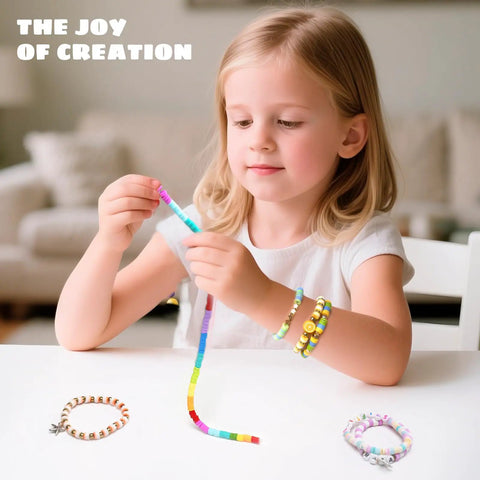 Child creating a bracelet using Fun DIY Bracelet Making Kit With 5000 Beads And Charms For Beginners And Kids 6 To 13.