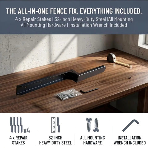 Beefy Heavy-Duty Fence Post Repair Kit Four Pack With Sturdy Anchors And Stabilizers For Leaning Posts Fits Wood And Metal Fence Posts Includes Screws And Wrench For A Quick Fix, shown with all components on a table.