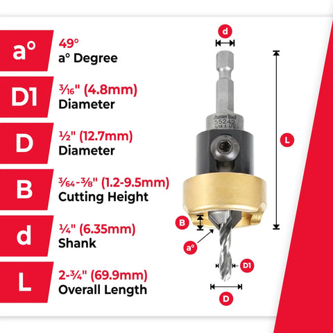 Image showing dimensions of 82 Degree Countersink With Depth Stop And No Thrust Ball Bearing, Quick Release One Quarter Inch Hex Shank