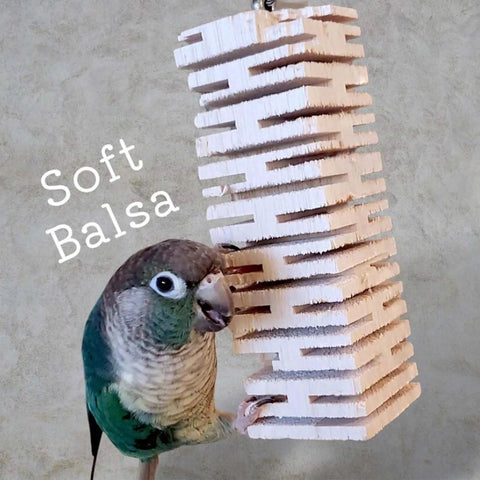 Safe Untreated Ultra Soft Balsa Wood Foraging Toy With Canyon Groove Design For Small Parrots Enrichment Interactive Destructible Chew Toy With Stainless Steel Hook For Green Cheek Conures Cockatiels next to a conure.