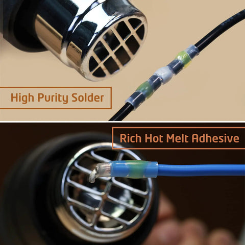 Heavy Duty 200 Pcs Waterproof Solder Seal Wire Connectors 18 16 Gauge Green Heat Shrink Butt Terminal Splices showing high purity solder and hot melt adhesive.