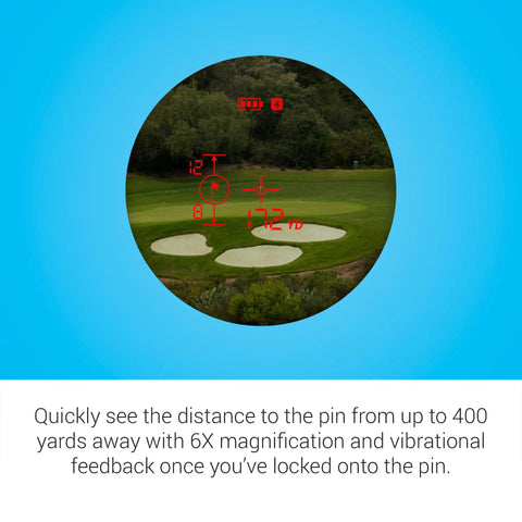 View through Approach Z30 Golf Laser Range Finder With 6X Magnification, Pin To Flag Distance Up To 400 Yards, Vibration Lock Feedback