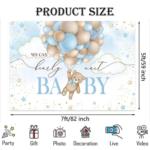 Blue Bear Hot Air Balloon Backdrop 7x5ft Totally Cute Photo Backdrop For Baby Shower with bear and watercolor balloons illustration.