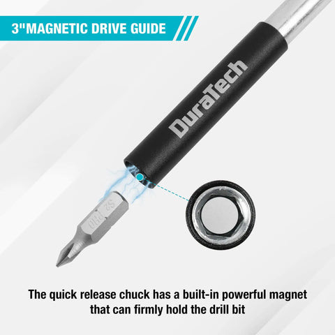 Close-up of 3-inch magnetic drive guide from 53 Piece Screwdriver Bit Set In A Tough Case With S2 Steel Bits And Magnetic Drive Guide