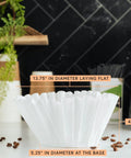 Extra Large Commercial Coffee Filters 13x5 For Bunn System II Dual TU3 Brewers shown on a counter with dimensions labeled