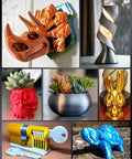 Various 3D-printed objects using Silk PLA Filament 1.75mm for 3D printers, ultra gloss silk finish; includes decorative designs and prototypes.