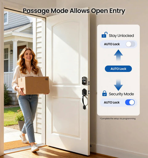 Woman holding box entering house with KS02A Fingerprint Keyless Entry Door Lock With Auto Lock And Electronic Keypad Deadbolt installed