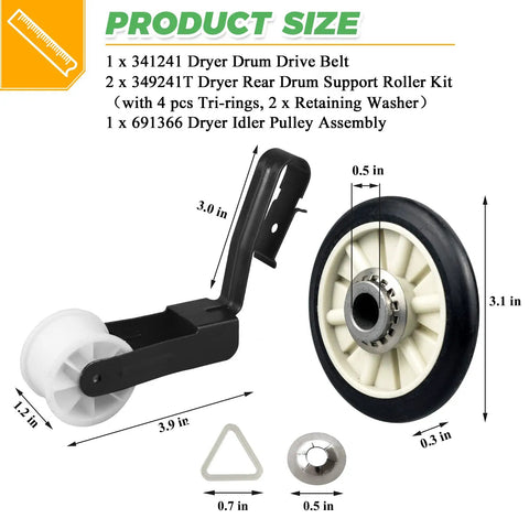 Complete Dryer Repair Kit With Drum Roller 349241T 691366 Idler Pulley And 341241 Belt for Whirlpool and Kenmore Dryers detail view