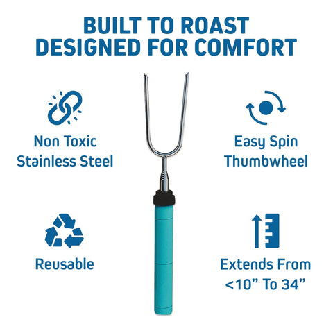 Extra Long Rotating Marshmallow Roasting Sticks Set Of 5 For Campfire And Bonfire Telescoping Skewers With Retractable Handles shown with features