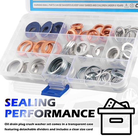 90 Piece Oil Drain Plug Gasket Kit With Crush Washers For M11 M12 M14 M16 M18 M20 Sizes in a transparent storage box