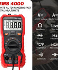 Digital Multimeter Tester Workhorse With TRMS 4000 Counts Auto Ranging Volt Meter display and function icons