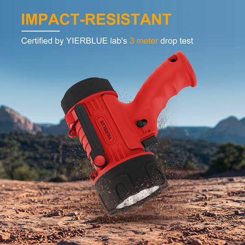 Beast Mode Rechargeable Spotlight with Two Million Lumen LED IP67 Waterproof Long Throw Searchlight shown on rocky terrain
