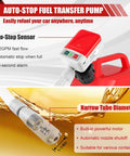 Portable Fuel Transfer Pump With Auto Stop Sensor 3.2 GPM 51 Inch Hose Gas Can Pump with adapters and auto-stop feature visible