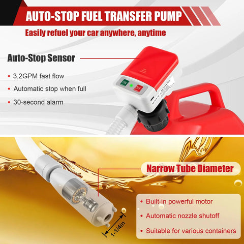 Portable Fuel Transfer Pump With Auto Stop Sensor 3.2 GPM 51 Inch Hose Gas Can Pump with adapters and auto-stop feature visible