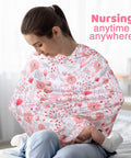 Woman using All In One Baby Car Seat Cover Nursing Shield for Boys and Girls, stretchy soft infant canopy as breastfeeding cover.