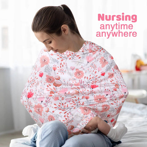 Woman using All In One Baby Car Seat Cover Nursing Shield for Boys and Girls, stretchy soft infant canopy as breastfeeding cover.