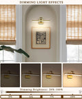 Brass Gold LED Picture Light with Adjustable Swing Arm for Paintings showing dimming effects, wall-mounted in a gallery setting.