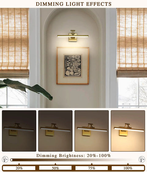LED Picture Light For Art And Frames Dimmable 15.5 Inch Brass Wall Lamp in various dimming settings above framed art