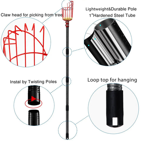 Telescoping Fruit Picker Pole With Basket Adjustable 35 To 120 Inch Handle For Apple Pear Orange Mango Avocado Lemon Cherry And More Tree Harvest No Bending No Climbing Easy Reach. Red claw head and 1-inch steel pole details