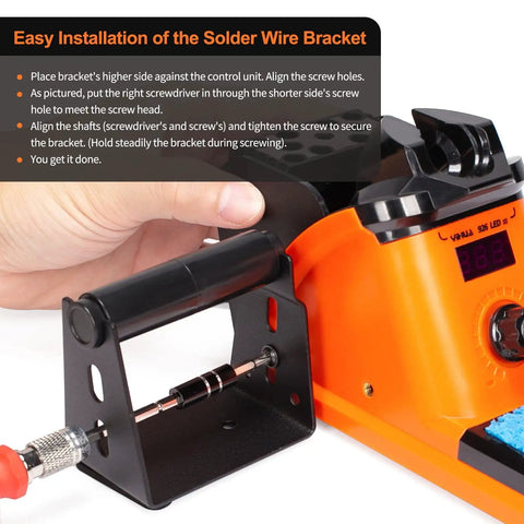 Hand installing solder wire bracket on 60W LED Display Soldering Station Kit, showing alignment and connection process.