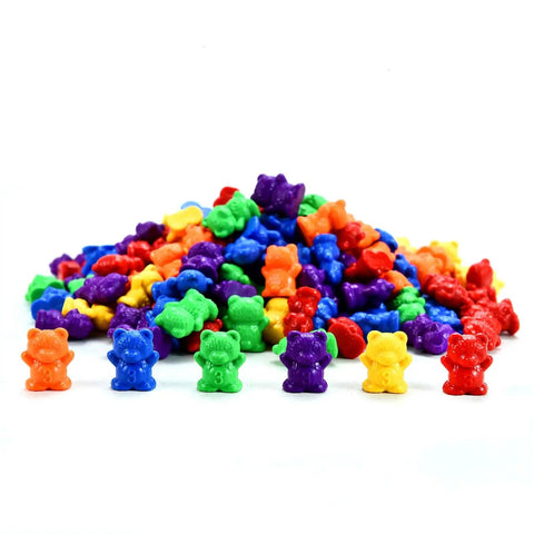 Hella Cool Big Time 120 Piece Math Manipulatives Counting Bear Set With Vibrant Six Color Blocks, colorful plastic bears pile with three gram units.