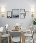 Dining area with Brass Wall Sconce Set Of 2 With White Fabric Shades Sleek Modern Vanity Lights For Bathroom Bedroom Hallway Kitchen Anti Rust Gold Finish Wall Mount Fixtures Bulbs Not Included illuminating wall art and modern decor.