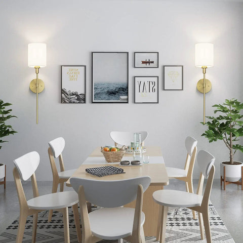Dining area with Brass Wall Sconce Set Of 2 With White Fabric Shades Sleek Modern Vanity Lights For Bathroom Bedroom Hallway Kitchen Anti Rust Gold Finish Wall Mount Fixtures Bulbs Not Included illuminating wall art and modern decor.
