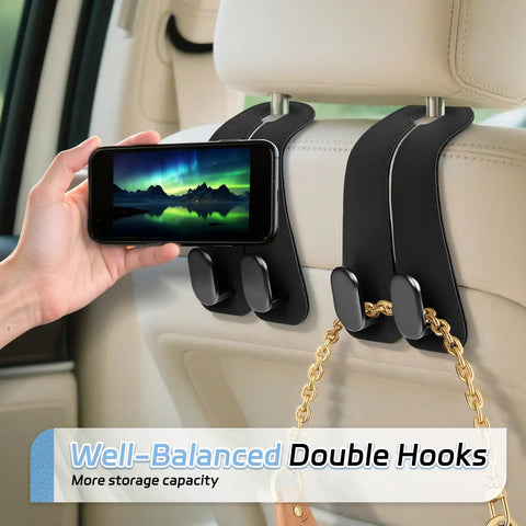 Top Shelf Universal Car Seat Headrest Hooks 2 Pack Suede Leather Bag Holders For Purses Coffee Mugs And Grocery Totes, black double hooks in car.