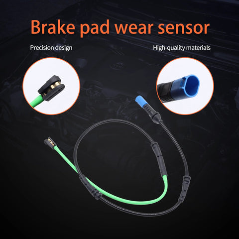 HiSport BMW rear brake pad wear sensor, close-up with green wire and blue connector.