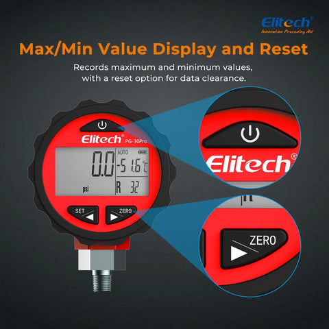 Close-up of Pro Grade Two Way AC Manifold Gauge With Digital Pressure Readout For R134A R12 R22 R410A Refrigerants focus on display
