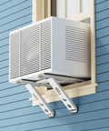 No Drill Window AC Bracket For Easy 3 Minute Install Heavy Duty Steel Construction Supports Up To 220 Lbs Fits Most Single And Double Hung Windows Keeps Your Window AC Secure Level And Stable installed on blue exterior wall