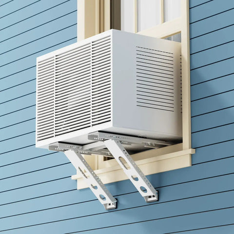No Drill Window AC Bracket For Easy 3 Minute Install Heavy Duty Steel Construction Supports Up To 220 Lbs Fits Most Single And Double Hung Windows Keeps Your Window AC Secure Level And Stable installed on blue exterior wall