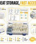 All In One Drywall Anchor Kit With Self Drilling Nylon Anchors And Screws, 300 Piece Set In Durable Organizer Case, Three Sizes For Quick No Sweat Mounting In Wood, Metal, And Drywall. Clear organizer case with 300 nylon drywall anchors and matching screws, 3 sizes
