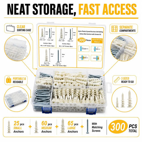 All In One Drywall Anchor Kit With Self Drilling Nylon Anchors And Screws, 300 Piece Set In Durable Organizer Case, Three Sizes For Quick No Sweat Mounting In Wood, Metal, And Drywall. Clear organizer case with 300 nylon drywall anchors and matching screws, 3 sizes