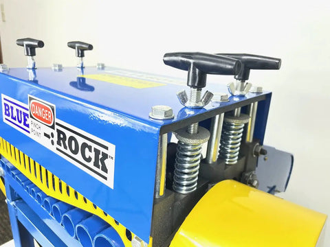 Close-up of Model 930 Motorized Wire Stripper Workhorse focusing on dual top and bottom rollers and adjustment knobs.