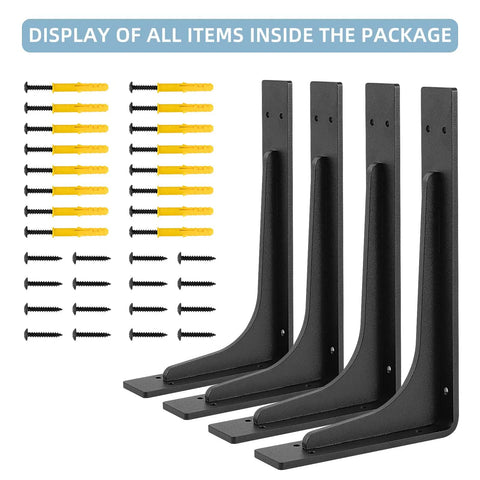Beefy Heavy Duty 10 By 6 Inch Shelf Brackets Pack Of 4 with screws and wall anchors shown, 90 degree vertical angle, rust free alloy build.