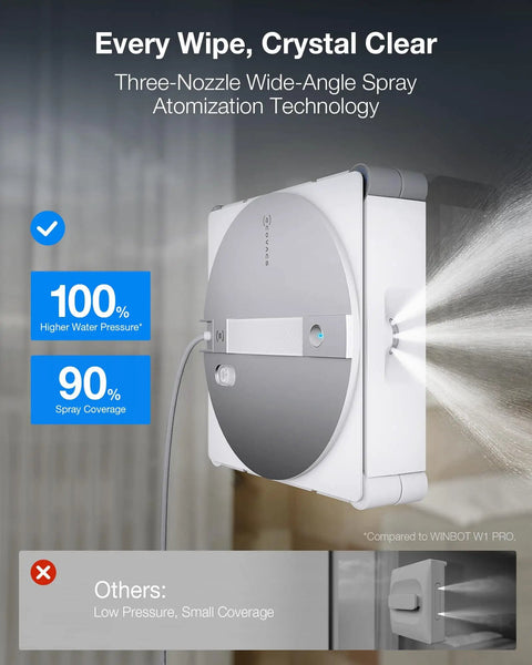 Side view of W3 Omni Robot Window Cleaner With Auto Clean Station Hands Free Self Cleaning System attached to glass, in use.