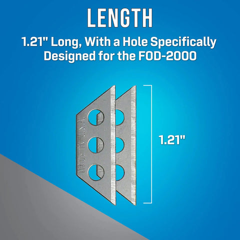 FOD RB25 Replacement Blades Pack Of 25 For Fiber Optic Drop Cable Slitter showing 1.21" length and mounting holes