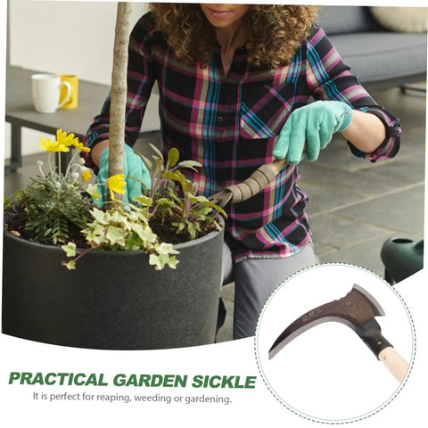 Woman using Long Handled Manganese Steel Multi Functional Sickle For Weeding And Harvesting With Ergonomic No Sweat Grip in garden
