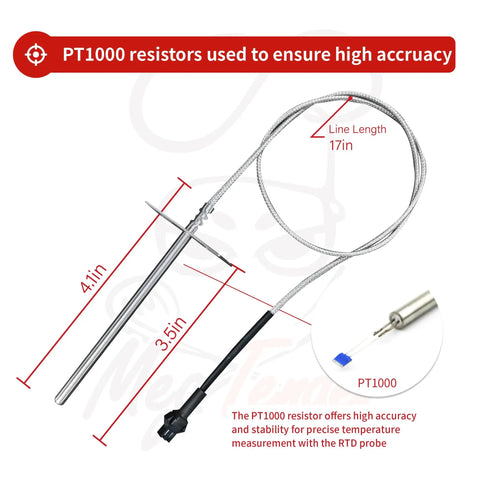 Replacement RTD Temperature Sensor Probe for Pit Boss Horizontal Controller with PT1000 resistor and 17in line length