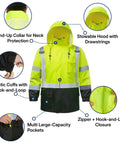 Tough As Nails High Visibility Reflective Rain Suit Set With Waterproof Jacket And Pants For Construction And Road Work Crews Featuring Sealed Seams And Breathable Polyester Shell For All Season Weather, showing stowable hood and elastic cuffs.