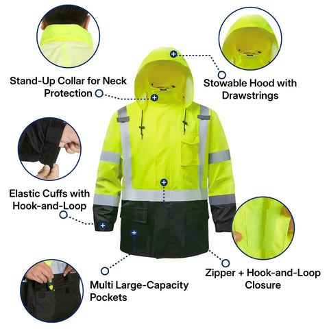 Tough As Nails High Visibility Reflective Rain Suit Set With Waterproof Jacket And Pants For Construction And Road Work Crews Featuring Sealed Seams And Breathable Polyester Shell For All Season Weather, showing stowable hood and elastic cuffs.
