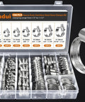 Heavy Duty Stainless Steel Hose Clamp Kit 1/4 In To 1-1/2 In, 100 Pack Worm Gear Clamps storage case and clamp close-up