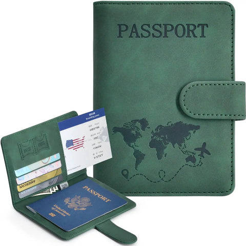 Green Passport Holder With Rfid Blocking And Multiple Card Slots For Smooth Airport Flow and Leisure Travel Adventures. Soft faux leather.