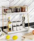 Two Tier Wooden Coffee Bar Organizer For Countertop And Corner Spaces with jars and bottles on shelves