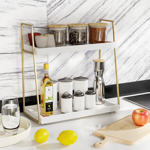 Two Tier Wooden Coffee Bar Organizer For Countertop And Corner Spaces with jars and bottles on shelves