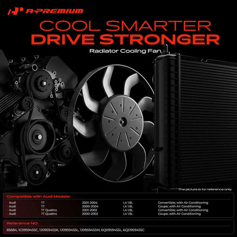 Engine Radiator Cooling Fan Assembly For Audi TT VW Jetta Beetle Golf 18 Liter, close-up of 9-blade fan design for heavy-duty use.